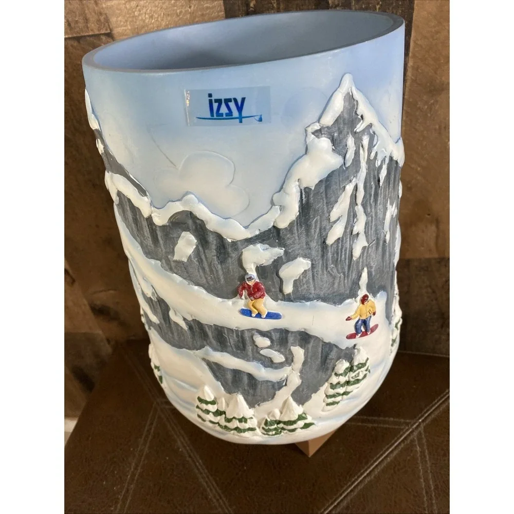 Christmas Wastebasket‎ Hand-Painted Skiing Mountains Indoor Trash Can Resin